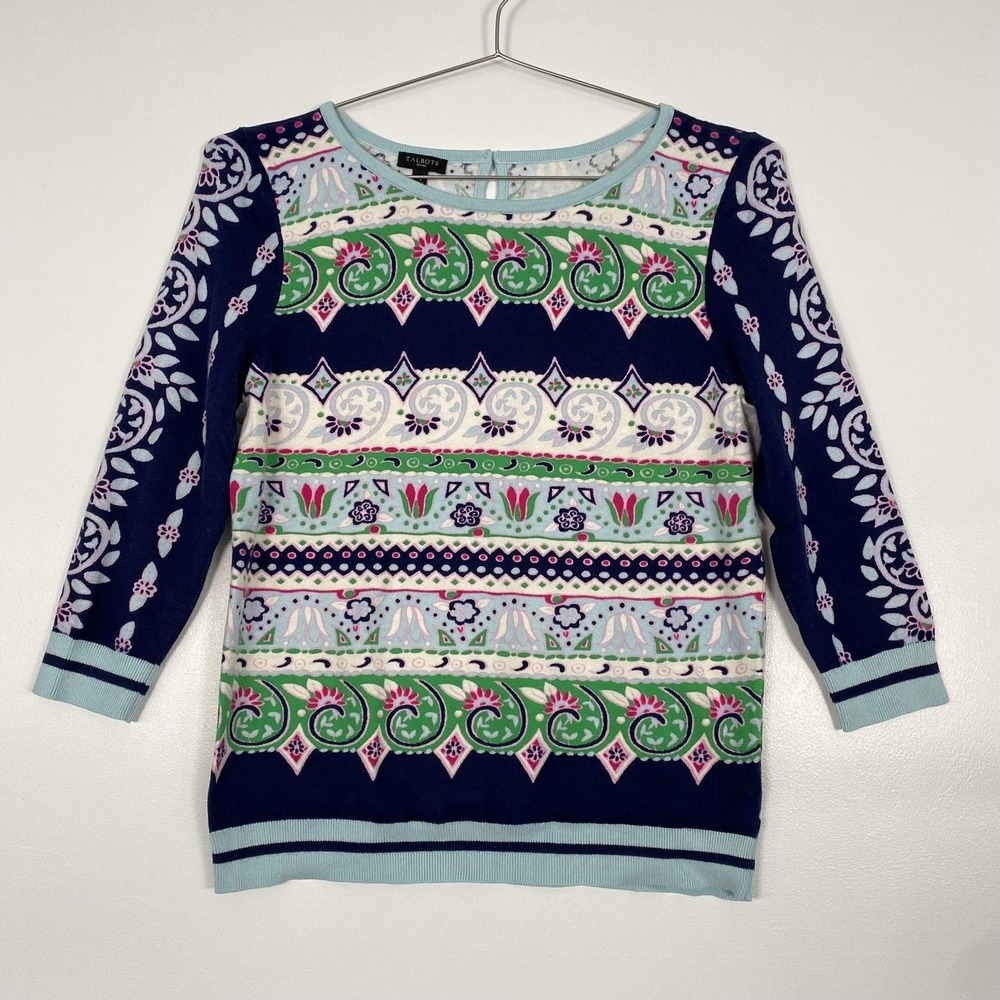 Talbots Sweater Womens Medium Petite Blue Floral Paisley 3/4 Sleeve Pullover